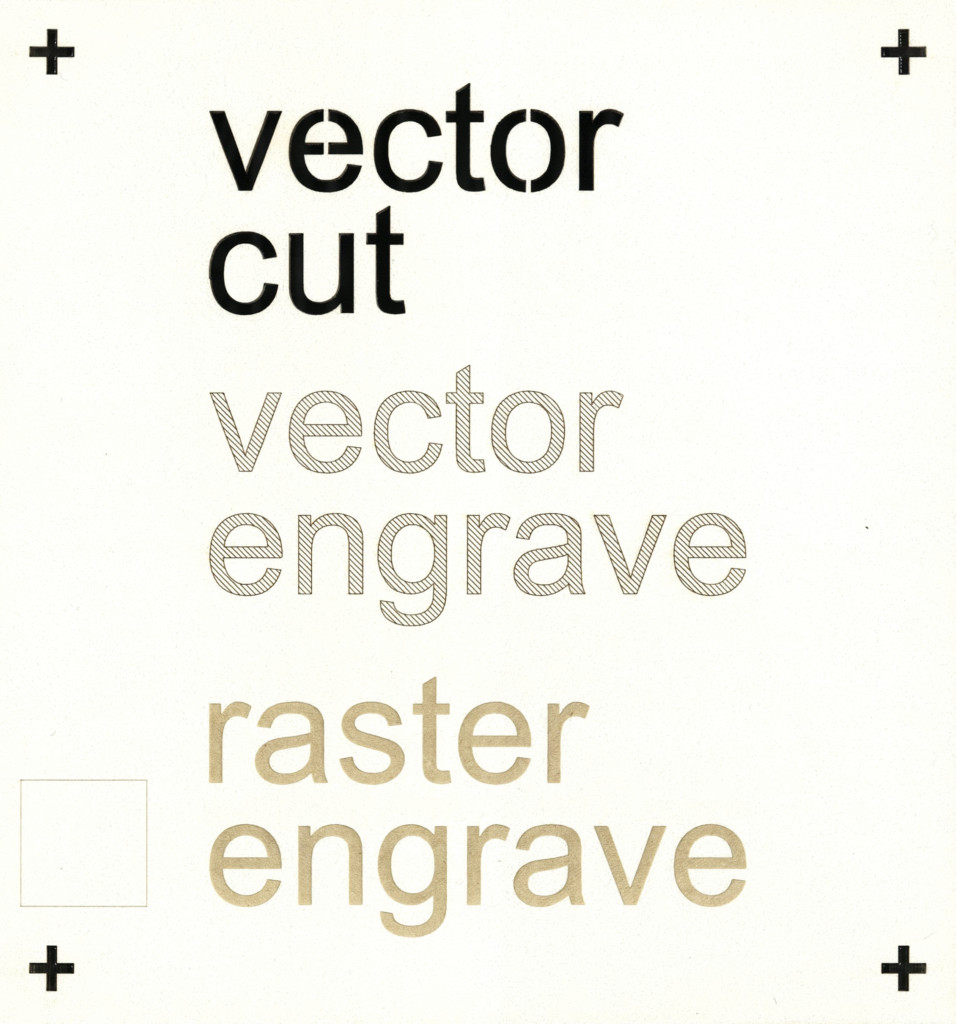 Photo of laser-engraved and cut museum board, displaying vector and raster operations.