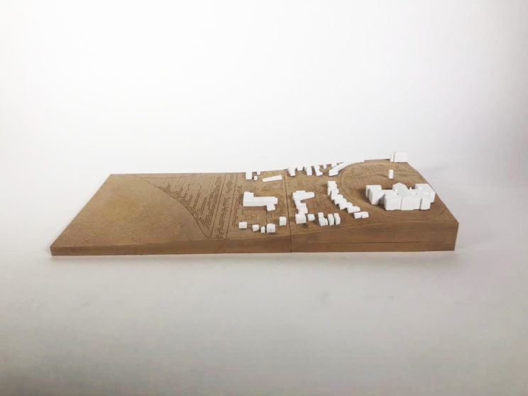 brown mdf landscape site model with white p.l.a. buildings of South Boston
