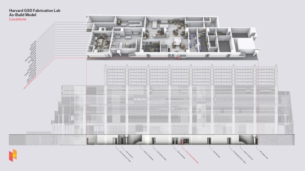 Rendered image of the basement fabrication lab spaces with equipment therein, within Gund Hall.